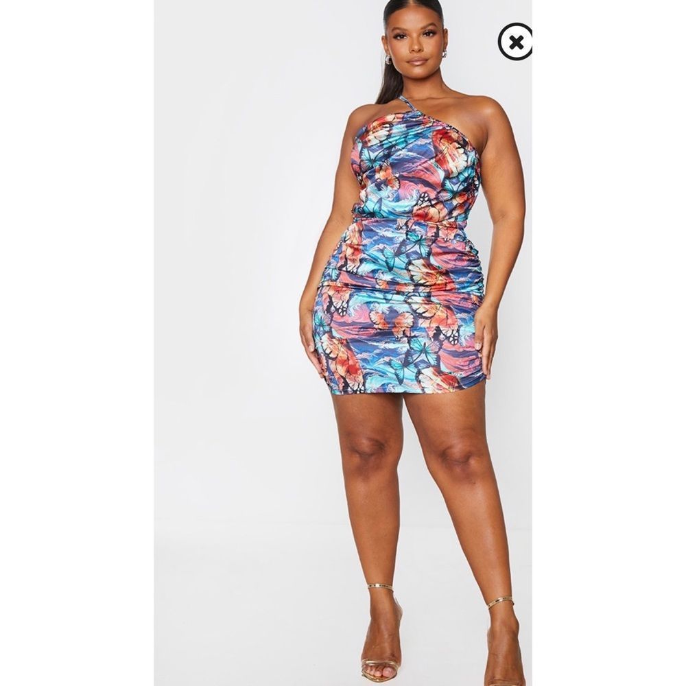 PrettyLittleThing Butterfly Print Ruched Dress Sz 18